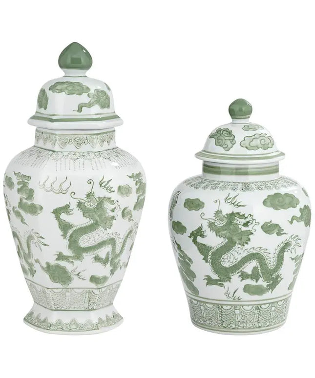 Sansui Green and White Ceramic Ginger Jars Set of 2 Dahlia Studios
