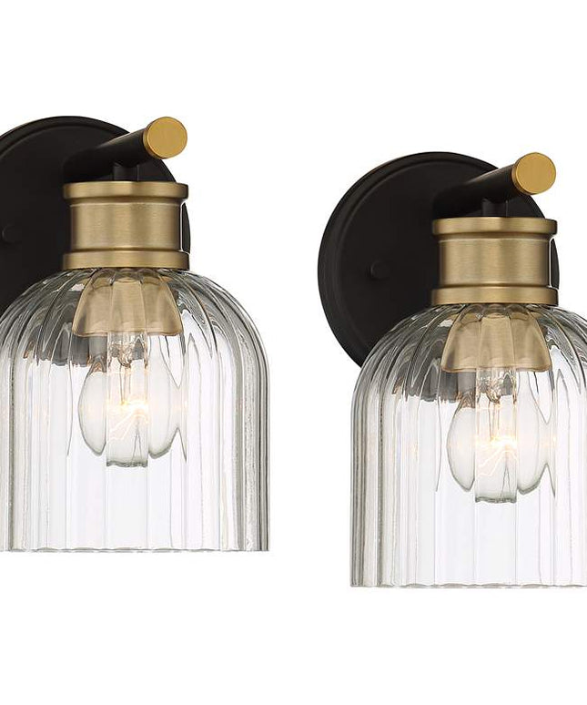 Stiffel Lana 9" High Black and Warm Brass Wall Sconce Set of 2