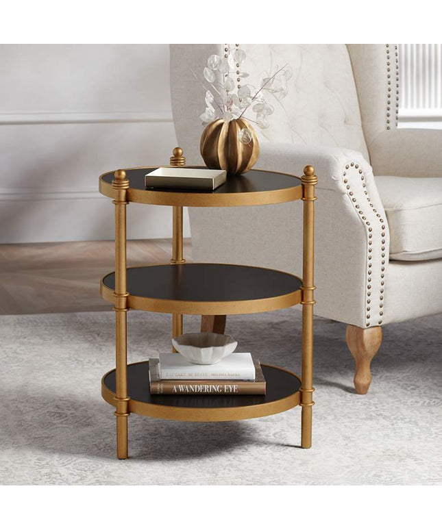 Studio 55D Cason 18 3/4" Wide Black and Gold Round 3-Tier Side Table