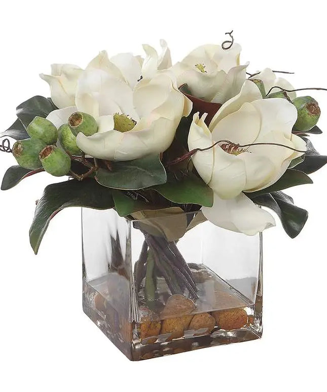 Uttermost Dobbins Magnolia 16" Wide Faux Flowers in Glass Vase Uttermost