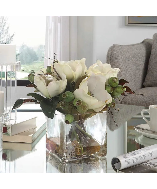 Uttermost Dobbins Magnolia 16" Wide Faux Flowers in Glass Vase Uttermost