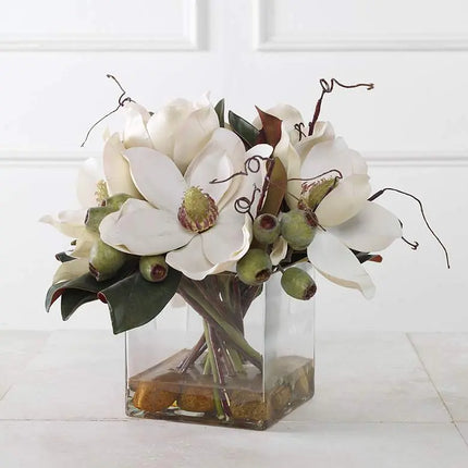 Uttermost Dobbins Magnolia 16" Wide Faux Flowers in Glass Vase Uttermost