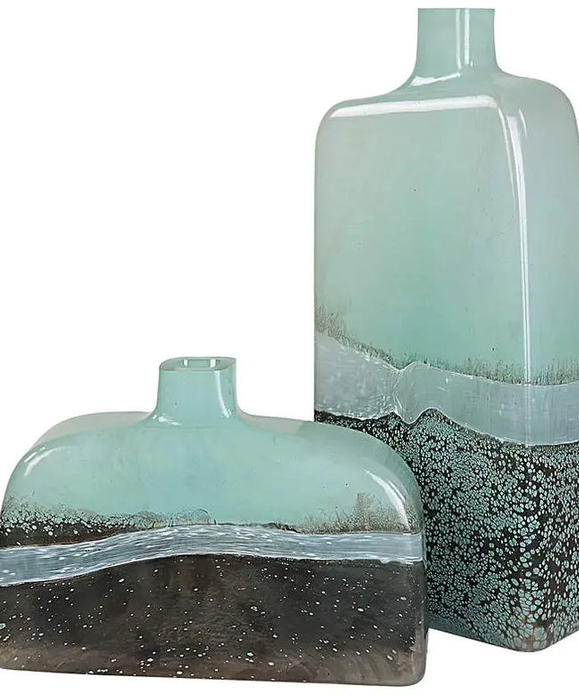 Uttermost Fuze 14" High Aqua and Bronze Glass Vases Set of 2 Uttermost