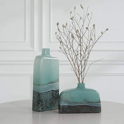 Uttermost Fuze 14" High Aqua and Bronze Glass Vases Set of 2 Uttermost