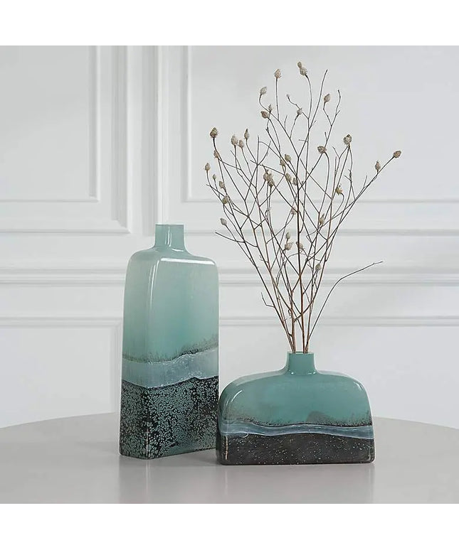 Uttermost Fuze 14" High Aqua and Bronze Glass Vases Set of 2 Uttermost