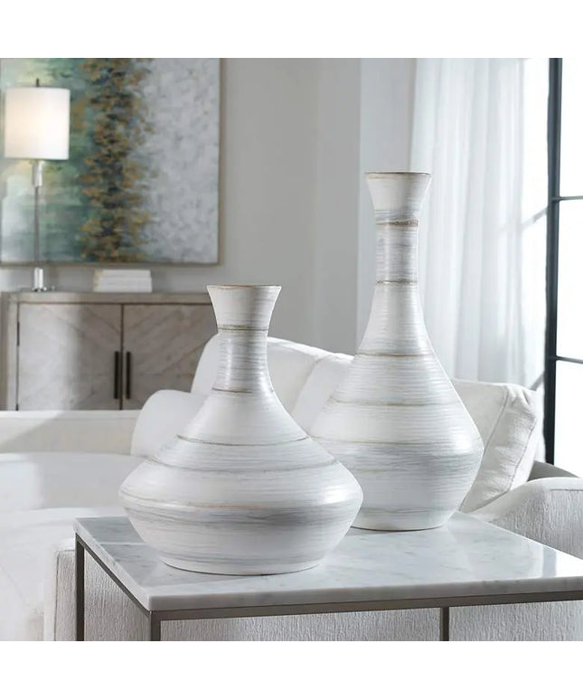 Uttermost Potter Striped Ivory Blue Ceramic Vases Set of 2 Uttermost
