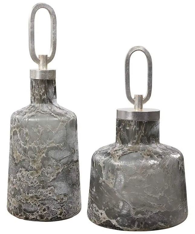 Uttermost Storm Charcoal Taupe Silver Glass Bottles Set of 2 Uttermost