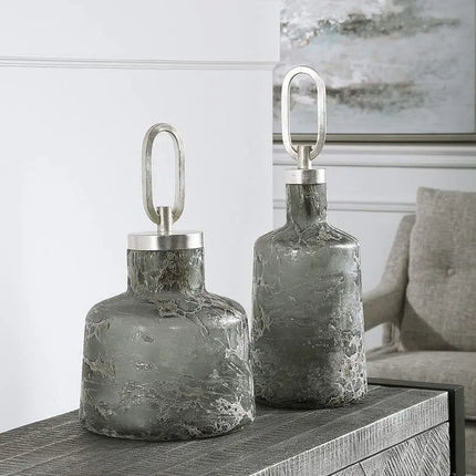 Uttermost Storm Charcoal Taupe Silver Glass Bottles Set of 2 Uttermost