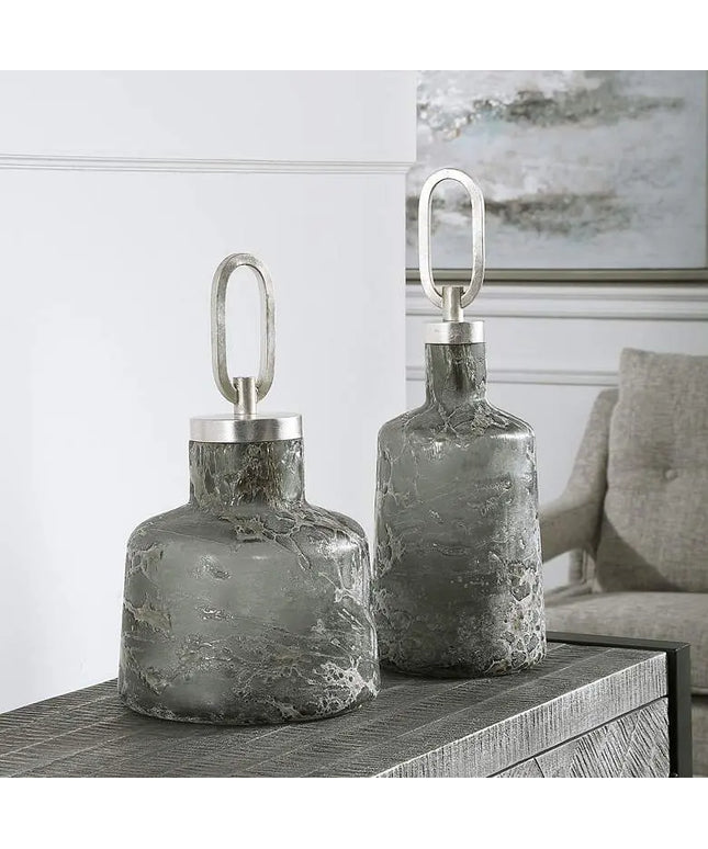 Uttermost Storm Charcoal Taupe Silver Glass Bottles Set of 2 Uttermost